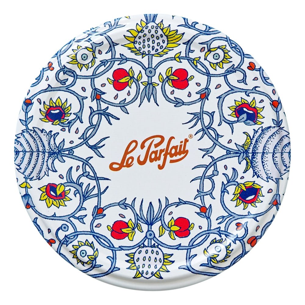 Le Parfait 82mm Twist Lid - Provençal blue and red floral pomegranate motif on white.