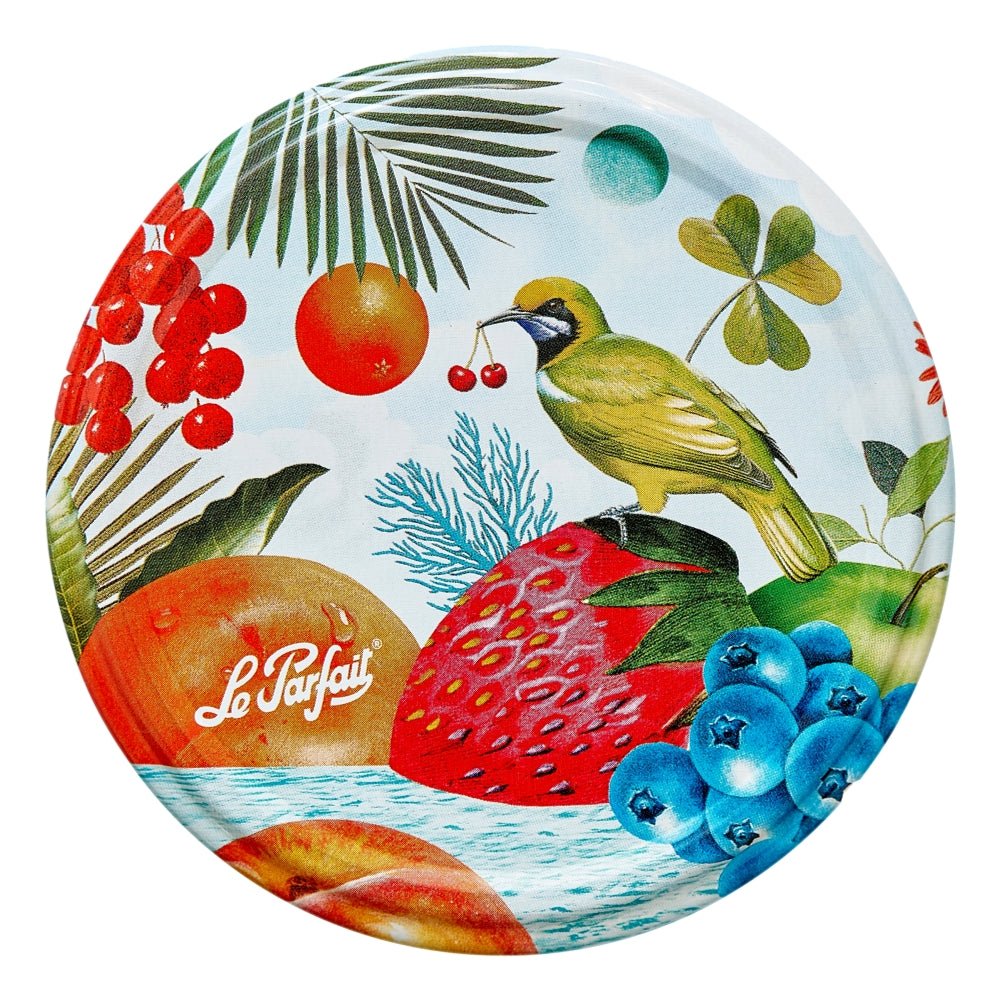 Le Parfait 82mm Twist Lid - tropical pattern with palm fronds, orchard fruit, blueberries, and a yellow oriole bird.