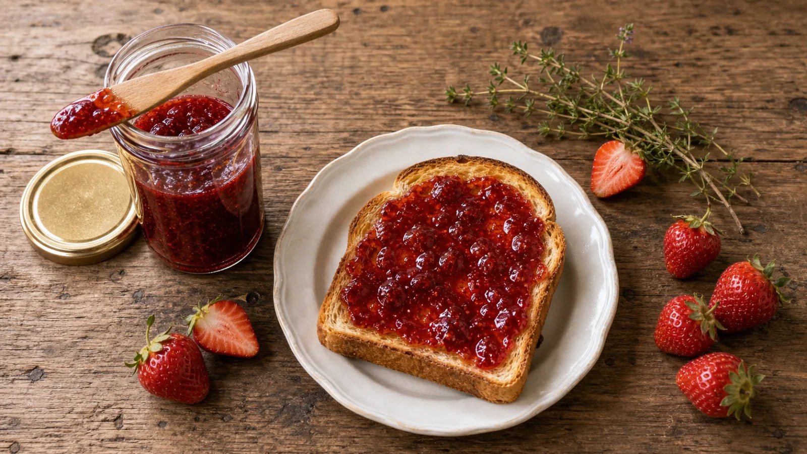 A plate of toasted brioche topped with deep red strawberry confiture, jar of jam and fresh strawberries beside it.