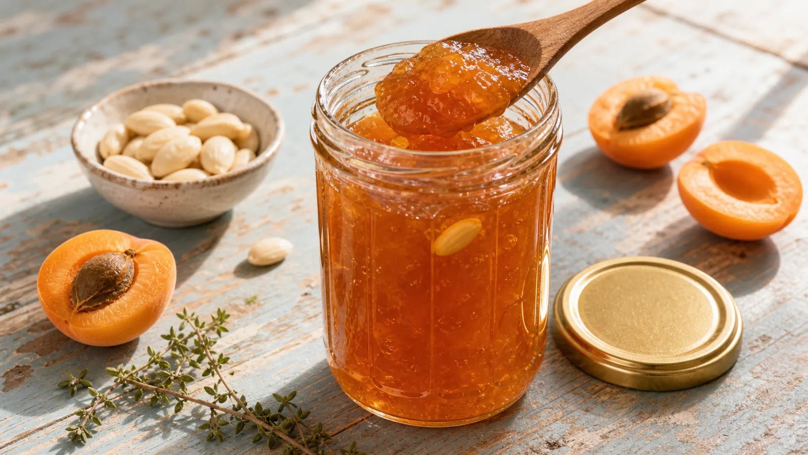 An open jar of deep orange apricot confiture, a single blanched almond suspended at the top, with fresh apricots and almonds scattered around.