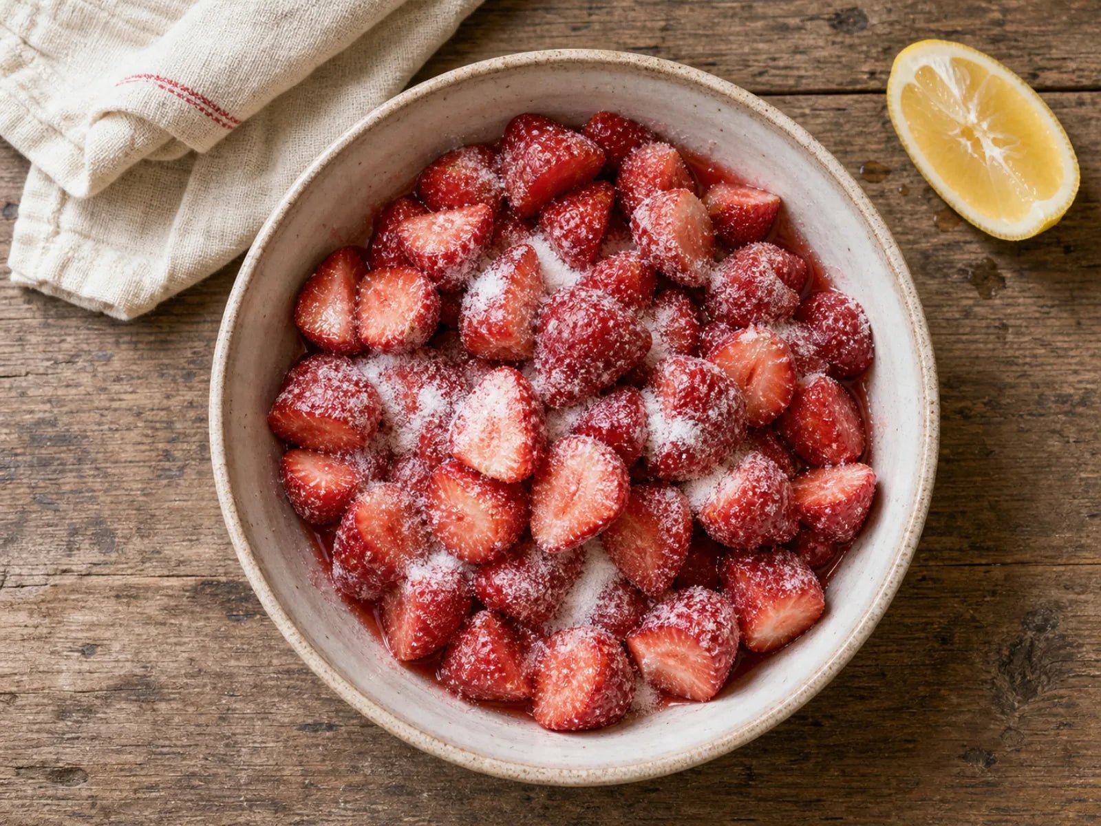 A wide ceramic bowl of halved strawberries layered with white sugar, glossy red syrup pooling at the bottom.