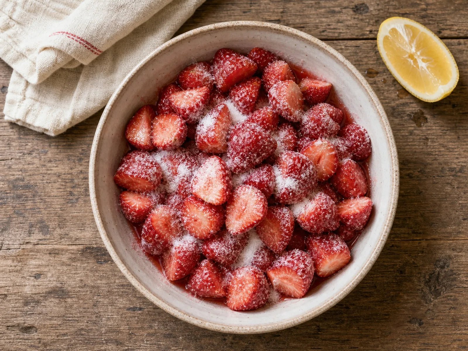 A wide ceramic bowl of halved strawberries layered with white sugar, glossy red syrup pooling at the bottom.