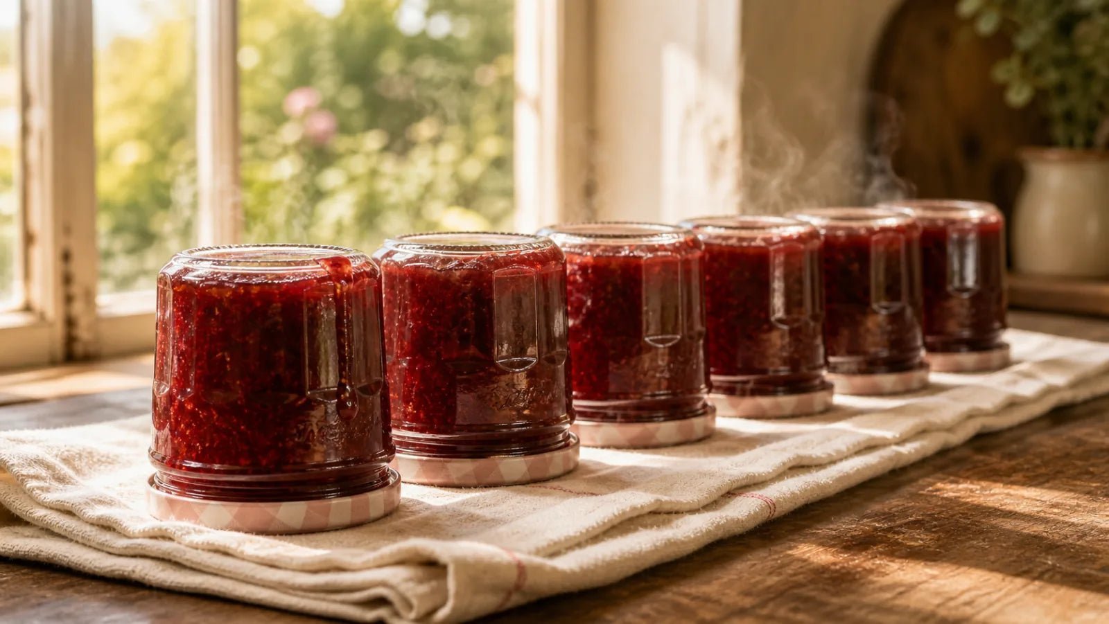 A row of hot, freshly filled jam jars inverted on a linen towel in a sunlit French country kitchen.