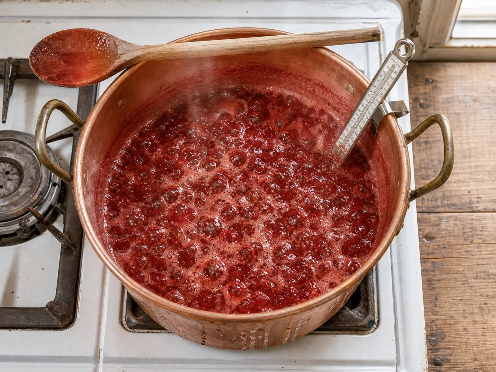 A wide copper jam pot of strawberry jam at a rolling boil with a wooden spoon and clipped candy thermometer.