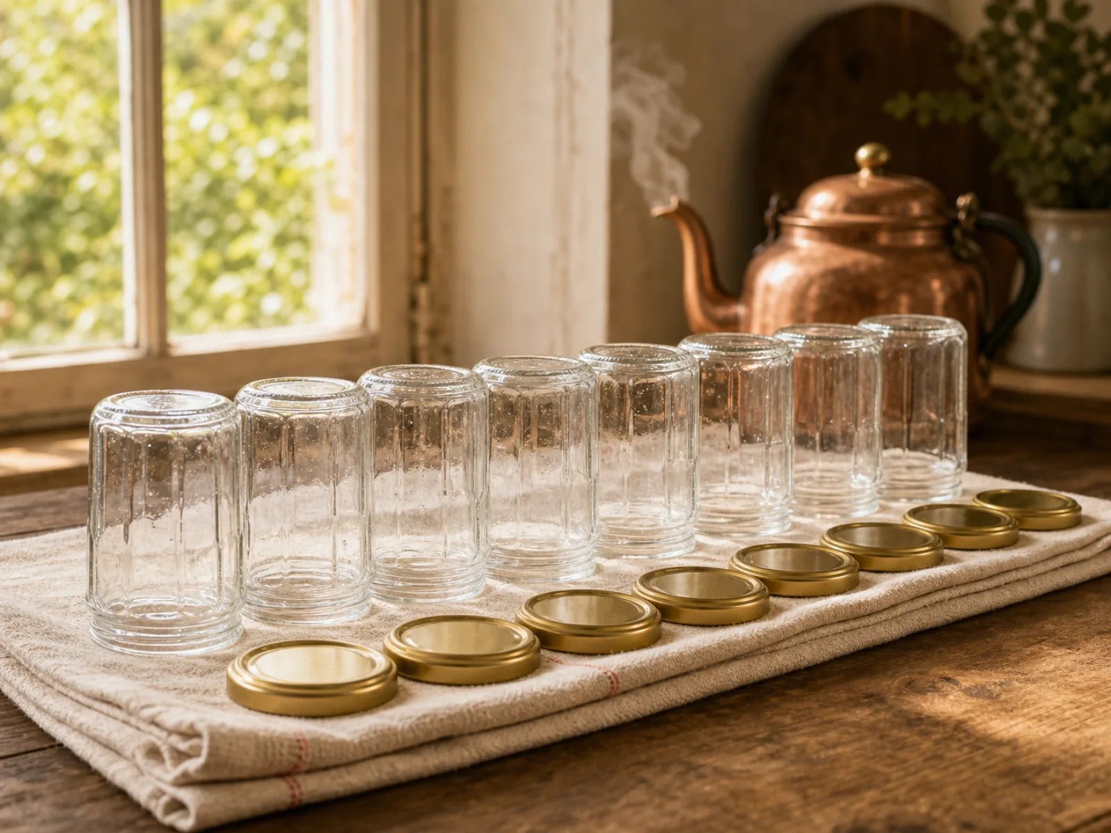 A row of empty Le Parfait jam jars and gold metal twist lids beside a steaming copper kettle.