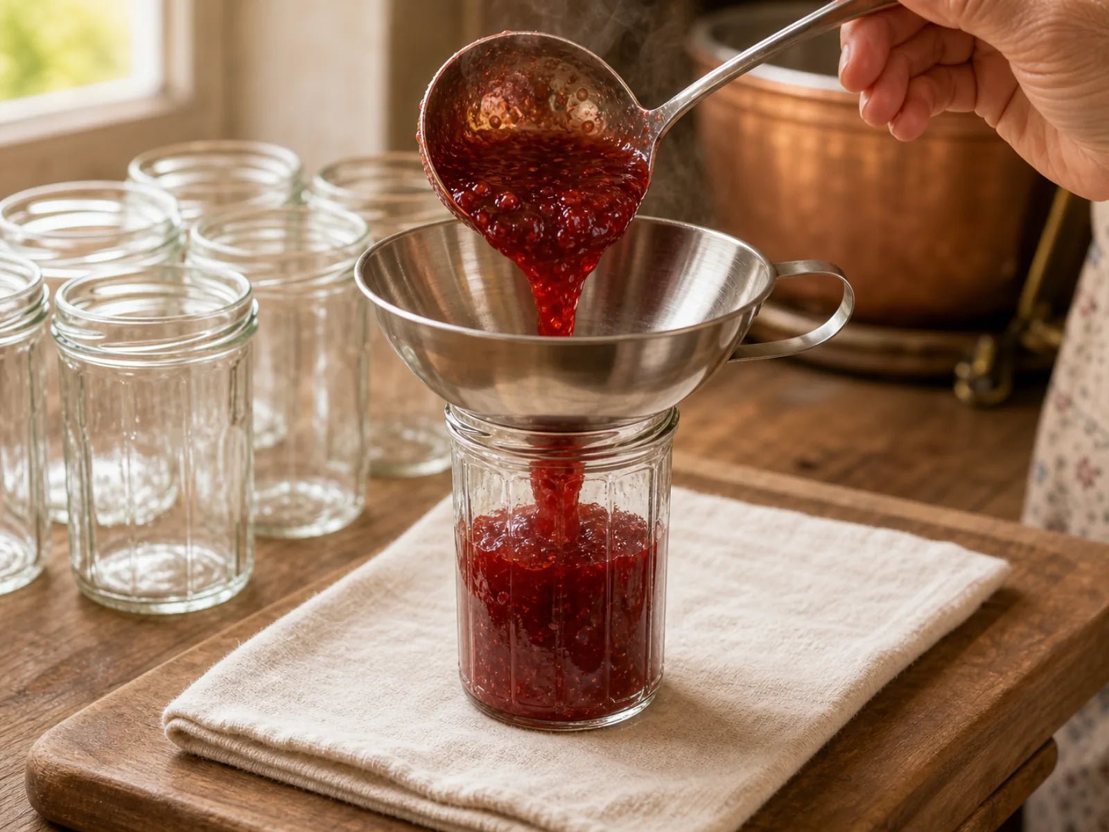 Hot ruby-red strawberry jam being ladled through a wide-mouth funnel into a warm glass jam jar.