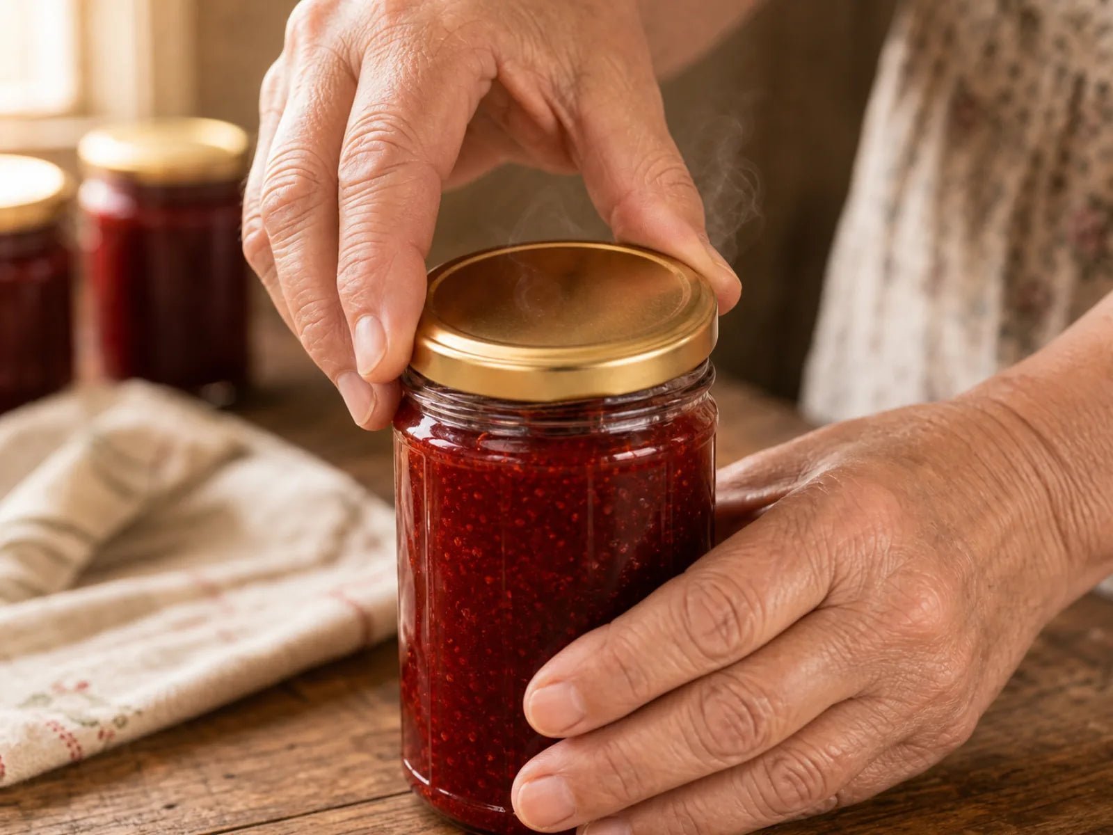 Two weathered hands twisting a gold metal lid onto a filled jar of strawberry jam.