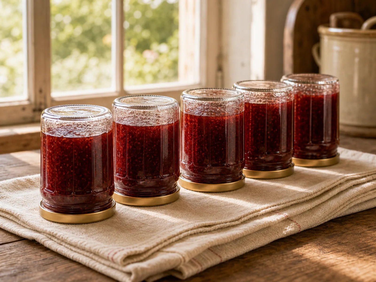 Five filled jam jars upside-down on a folded cream linen towel on a wooden farmhouse table.