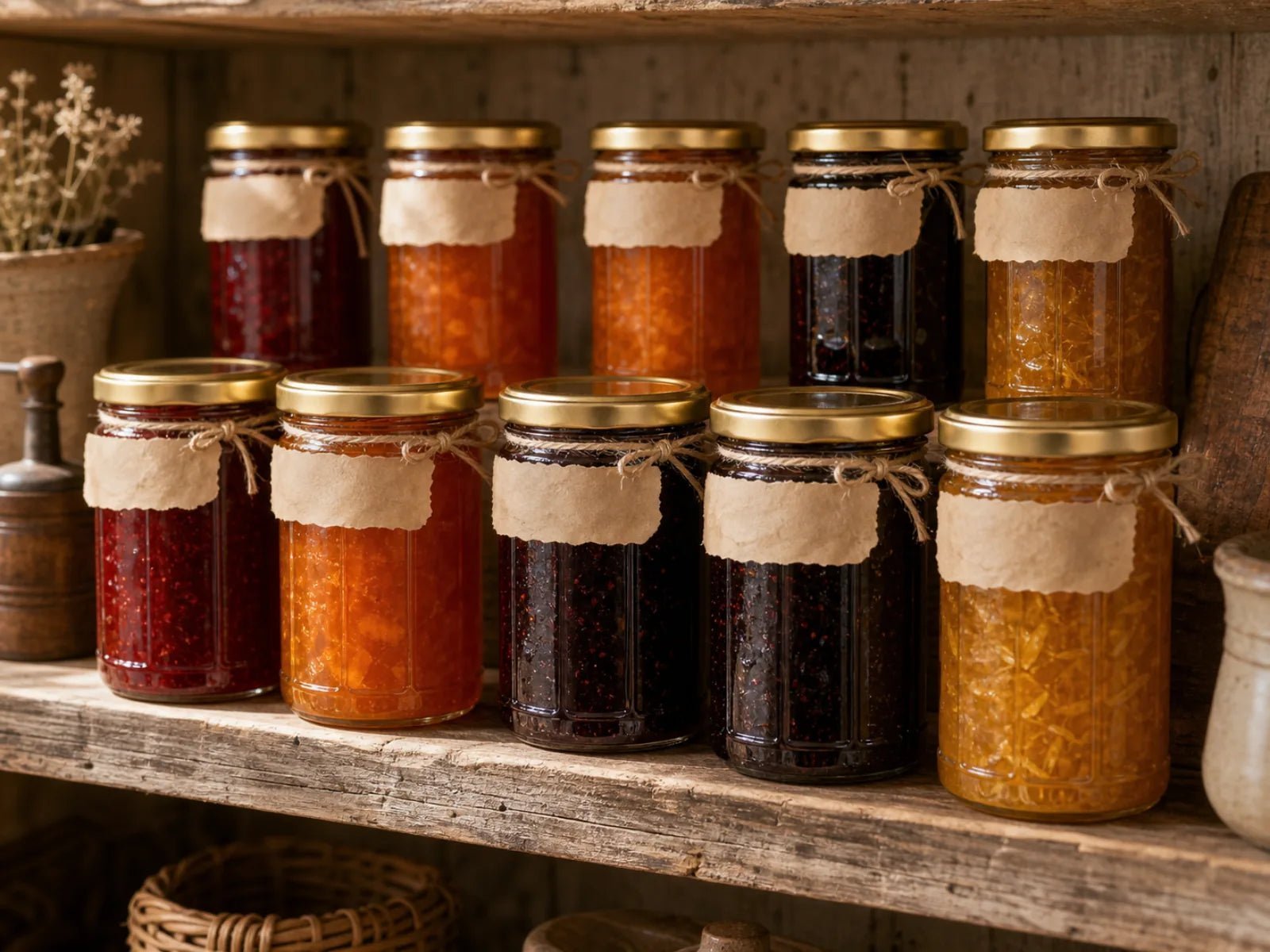 A pantry shelf lined with sealed homemade jams in red, orange, purple, and gold, each labeled with parchment and twine.