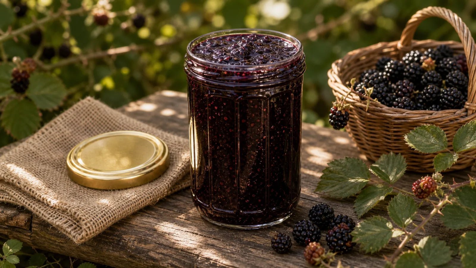 A glass jar of dark purple-black blackberry jam outdoors on a wooden board, beside fresh-picked blackberries and bramble leaves in dappled summer light.