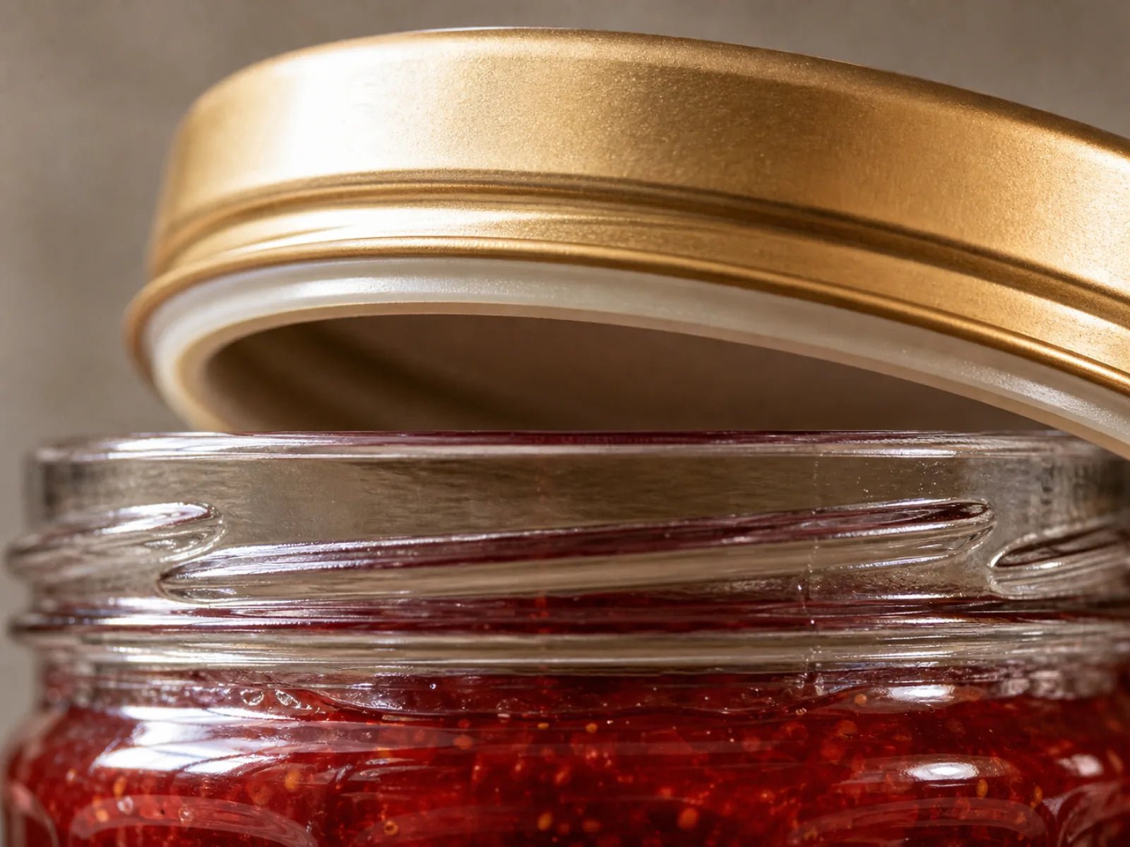 Macro close-up of a Le Parfait gold metal twist lid being seated onto the rim of a clear glass jar of red jam.