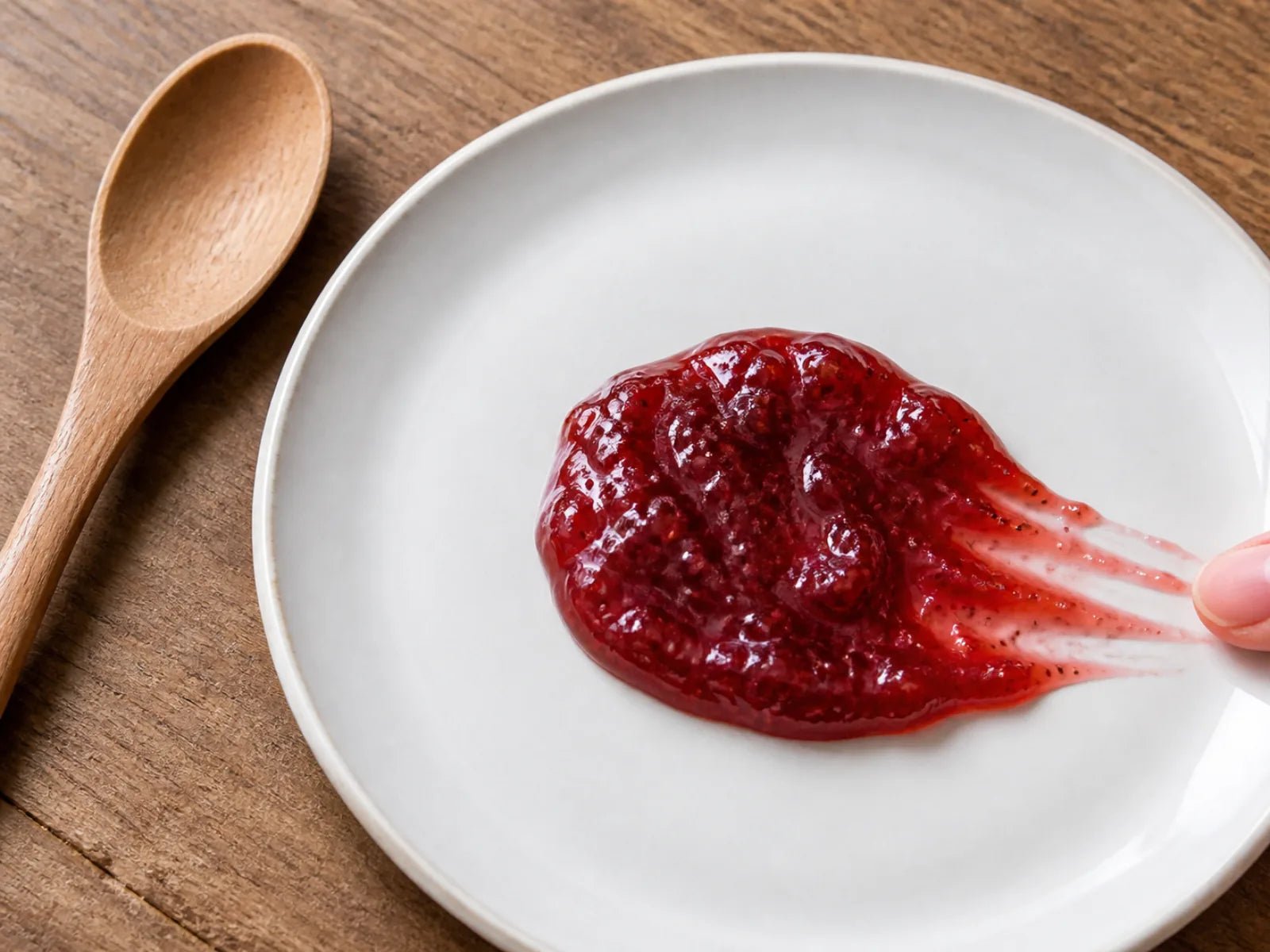A chilled white plate with a teaspoon of jam wrinkling at the surface from a fingertip push, the gel test.